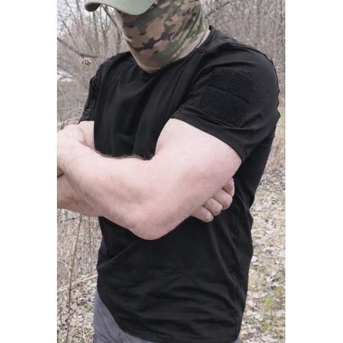 Тактическая футболка чёрная мужская с липучками под шевроны.